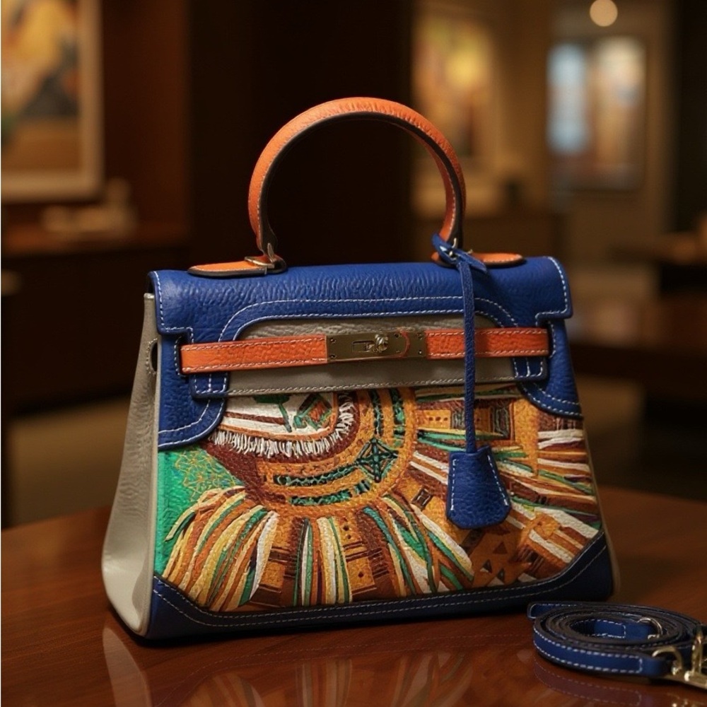 Lola Luxe “Solara” Hand-Painted Leather Satchel with Blue & Coral Accents